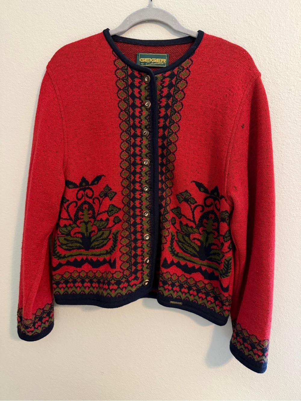 Vintage Geiger Collection Red Patterned Virgin Wool Cardigan, Folk Embroidery